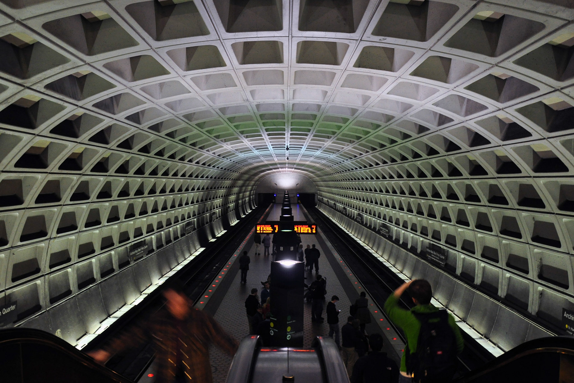 The Washington Metro, or "Metro," is a transit system in Washington D.C. and the surrounding suburbs.  Since opening in 1976, the network has grown to include five lines and 86 stations.  The Metro boasts the second highest ridership in the USA, after the New York City Subway. Because Washinton's subway system was built only 40 years ago, it is much cleaner and more "futuristic" than the New York City Subway.