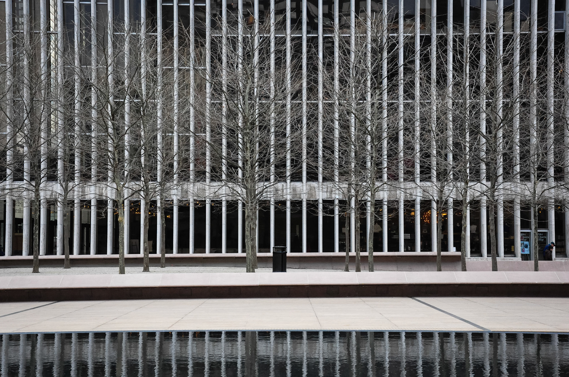 The trees are bare at Lincoln Center for the Performing Arts in New York City.