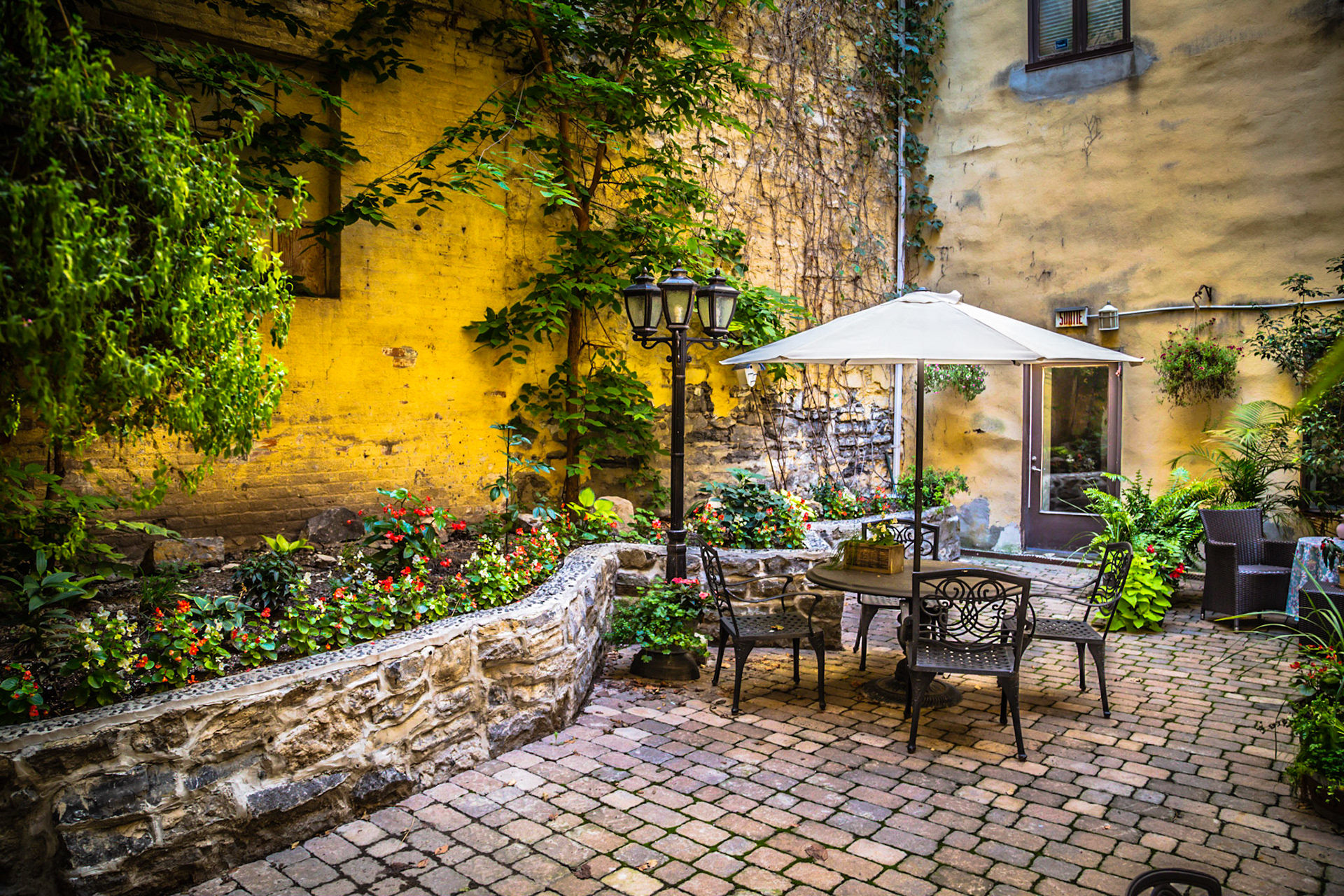 A quite cafe table in the corner of an old european town.