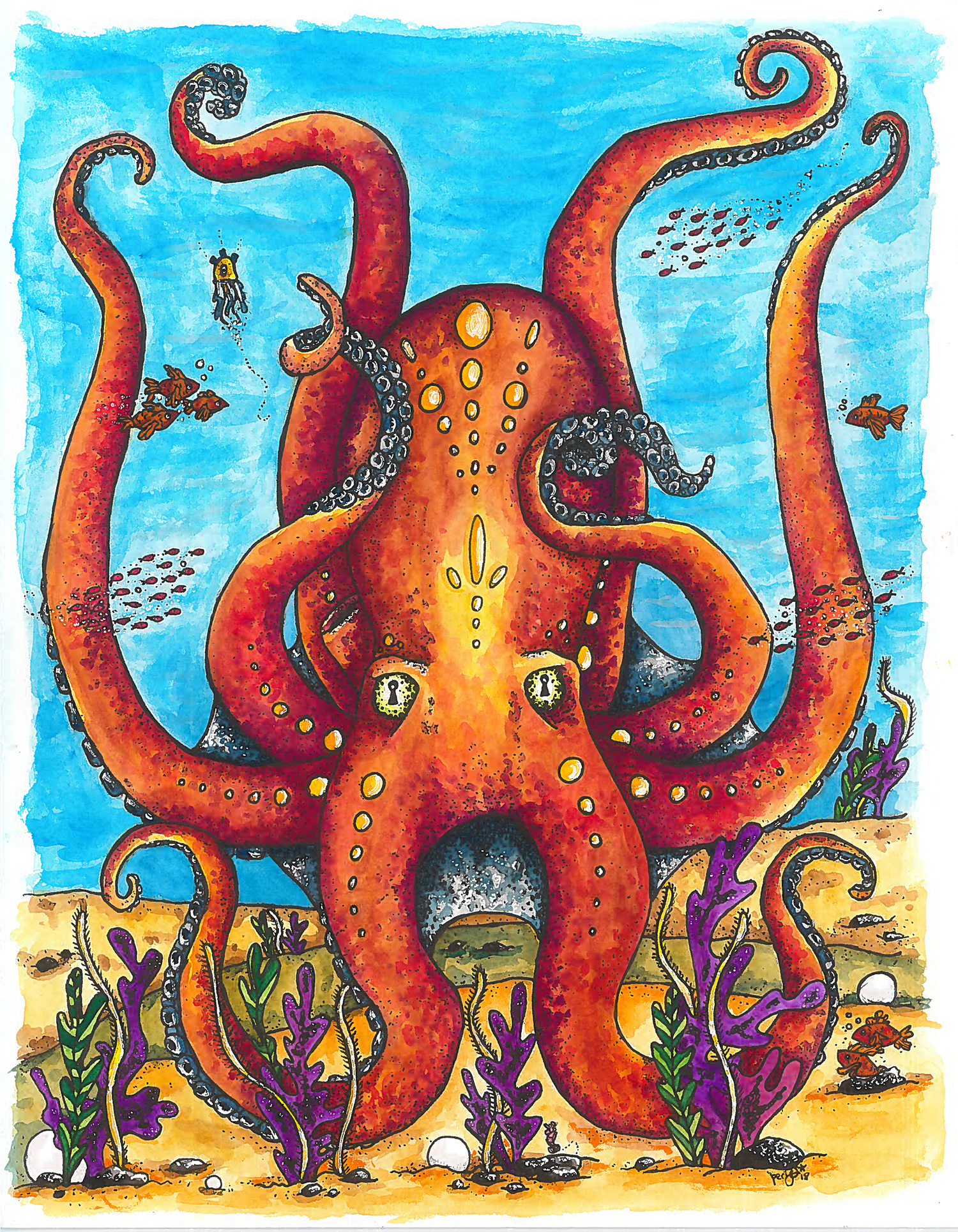 Odis, the Giant Octopus - watercolor, colored pencil & ink