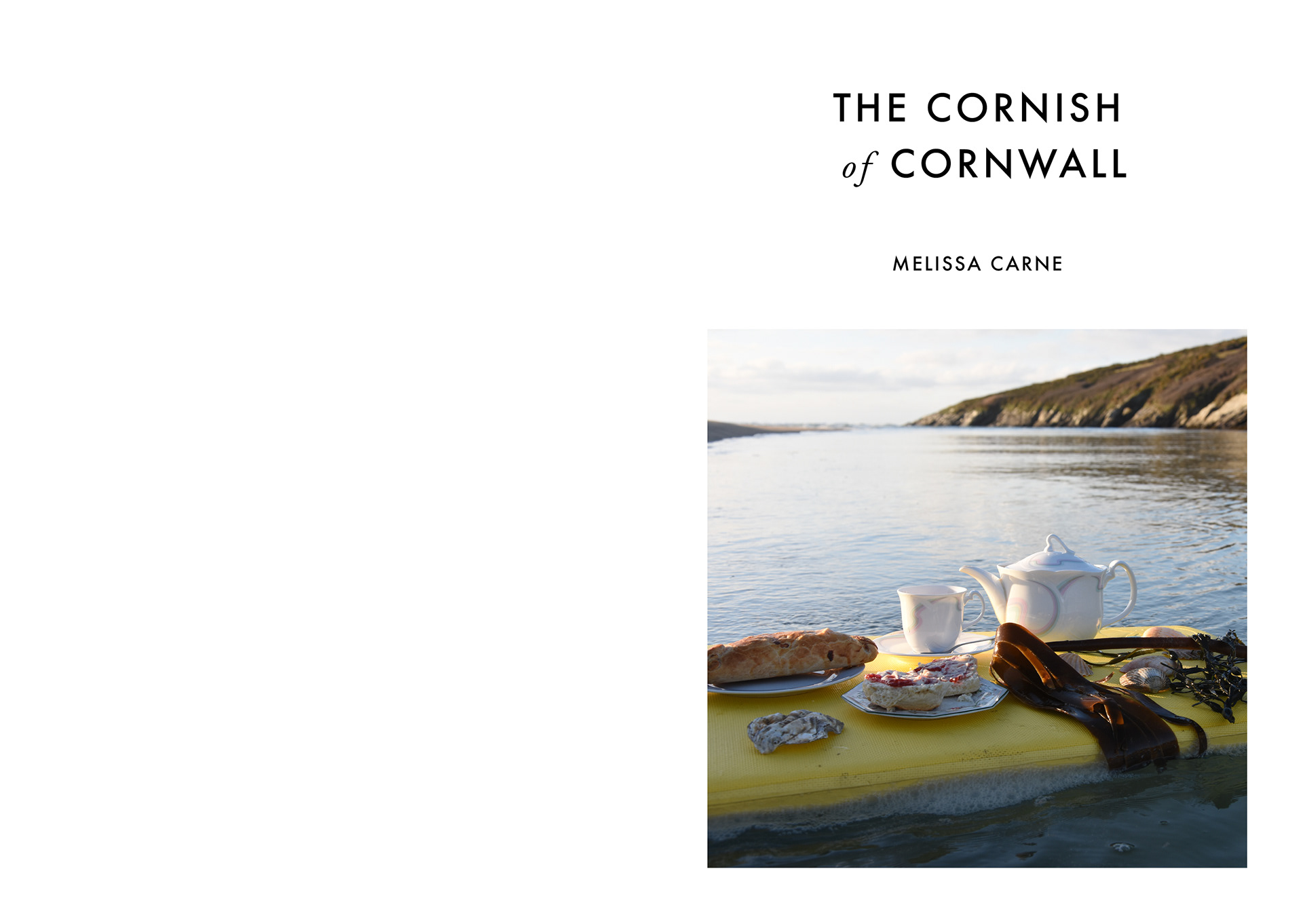 satirical Cornish still life shot including cream tea and pasty on top of a body board on the beach at crantock by freelance photographer melissa carne
