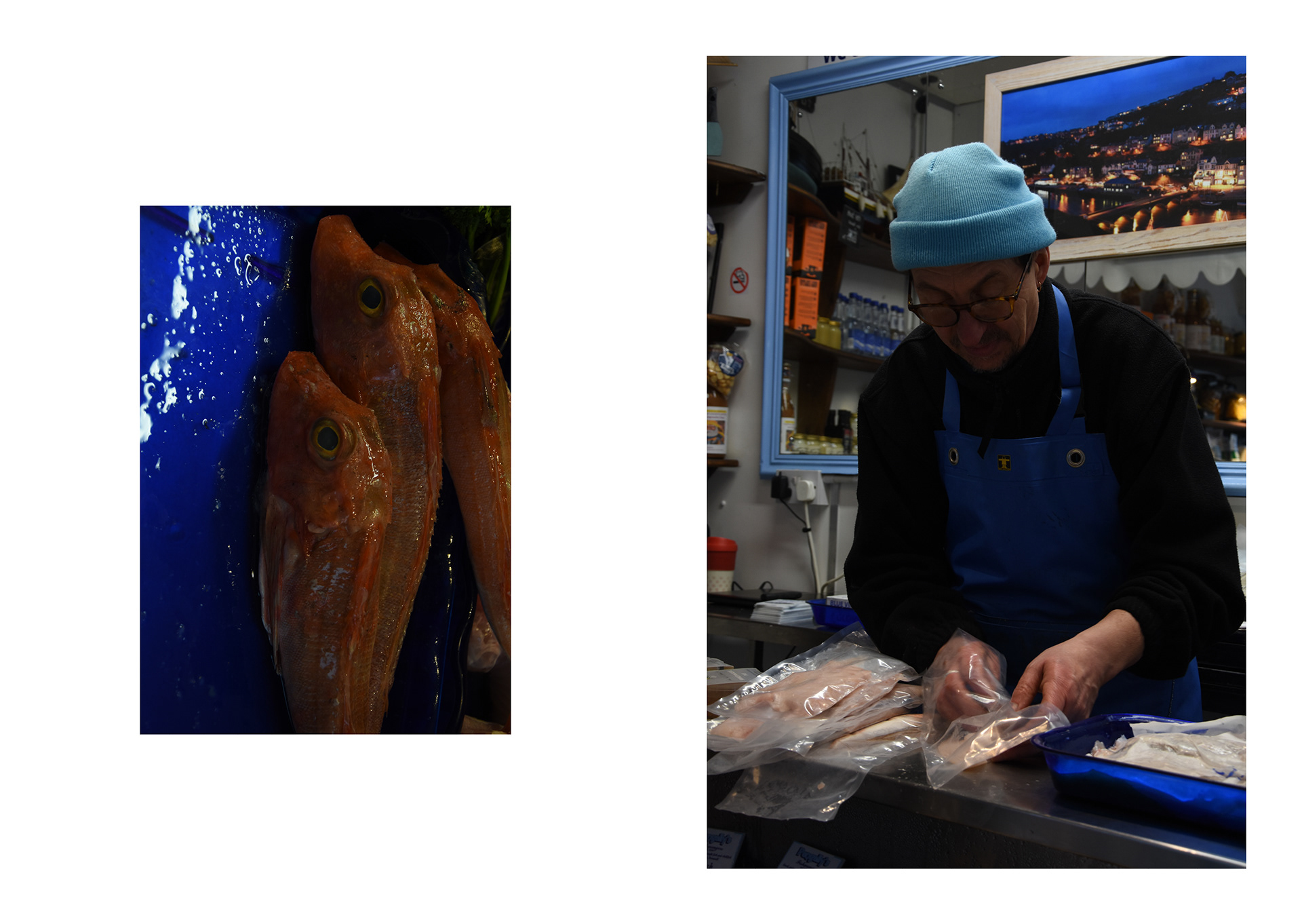 fishmonger chopping up fish at Pengelly's in Looe in Cornwall by freelance photographer in cornwall