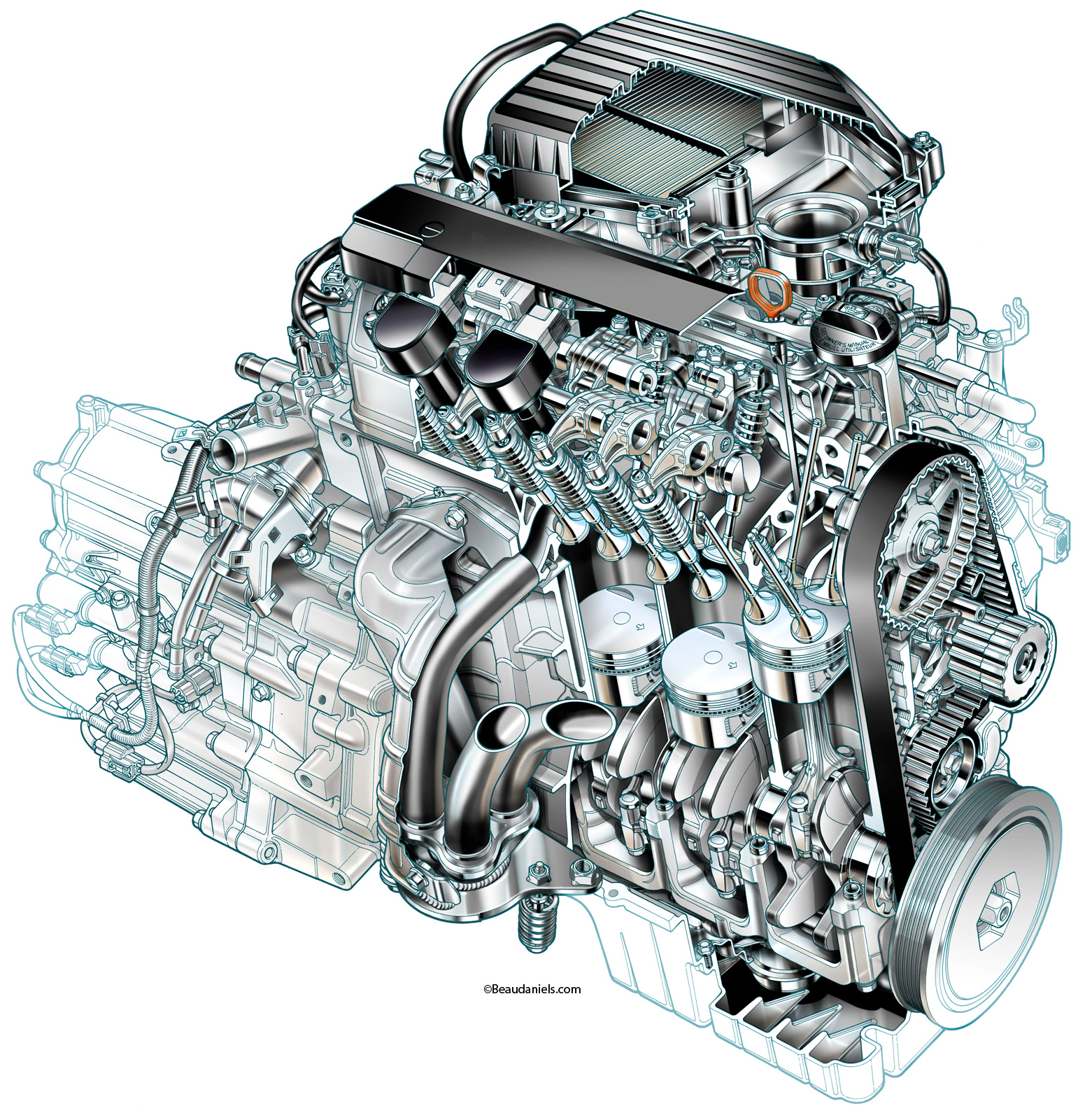 Honda Civic-VTEC-E-cutaway engine illustration.