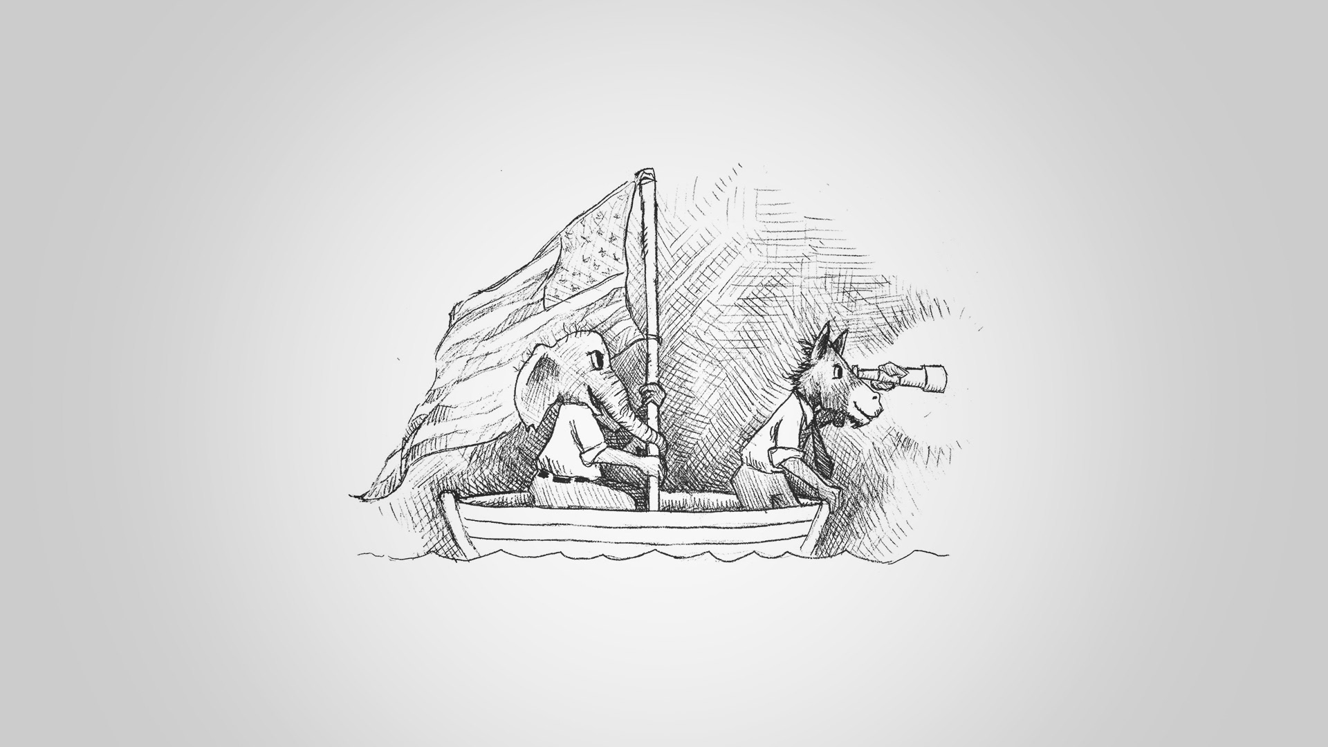 Custom Hand-drawn political cartoon/illustration of an Elephant and a Donkey workin together to sail a boat with the American flag
