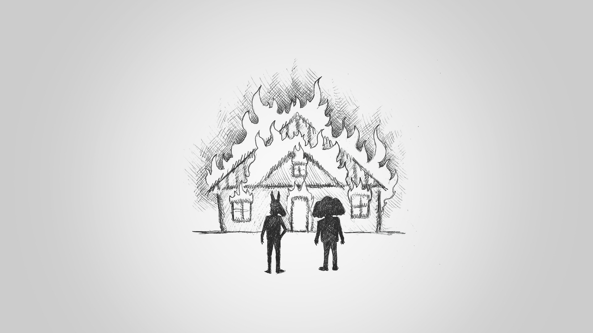 Custom Hand-drawn illustration/political cartoon of an Elephant and a Donkey looking at a burning house
