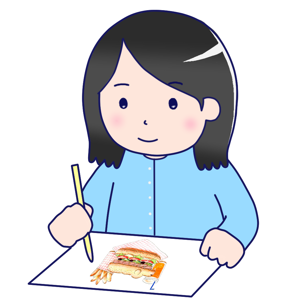 イラストレーターいぬいしずかのホームページ メンチカツバーガーポテトセット 色鉛筆イラスト サンモール洋光台 Passtime様